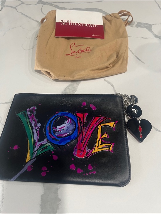 Christian Louboutin Handbags - Christian Louboutin Black Leather Pouch with Multicolor 'LOVE' Artwork
